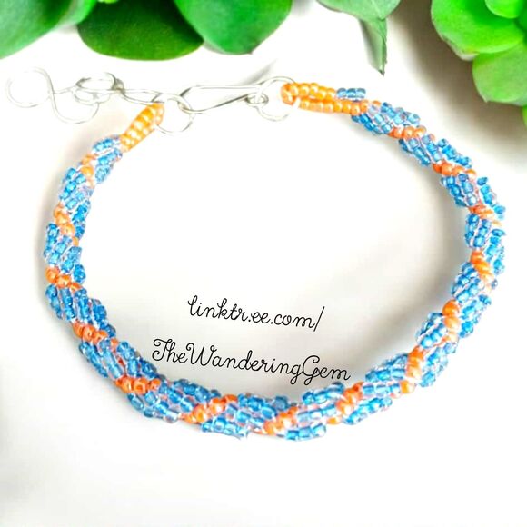 Blue & Orange Spiral Rope Beaded Bracelet, Adjustable Handmade Boho - Picture 1 of 5